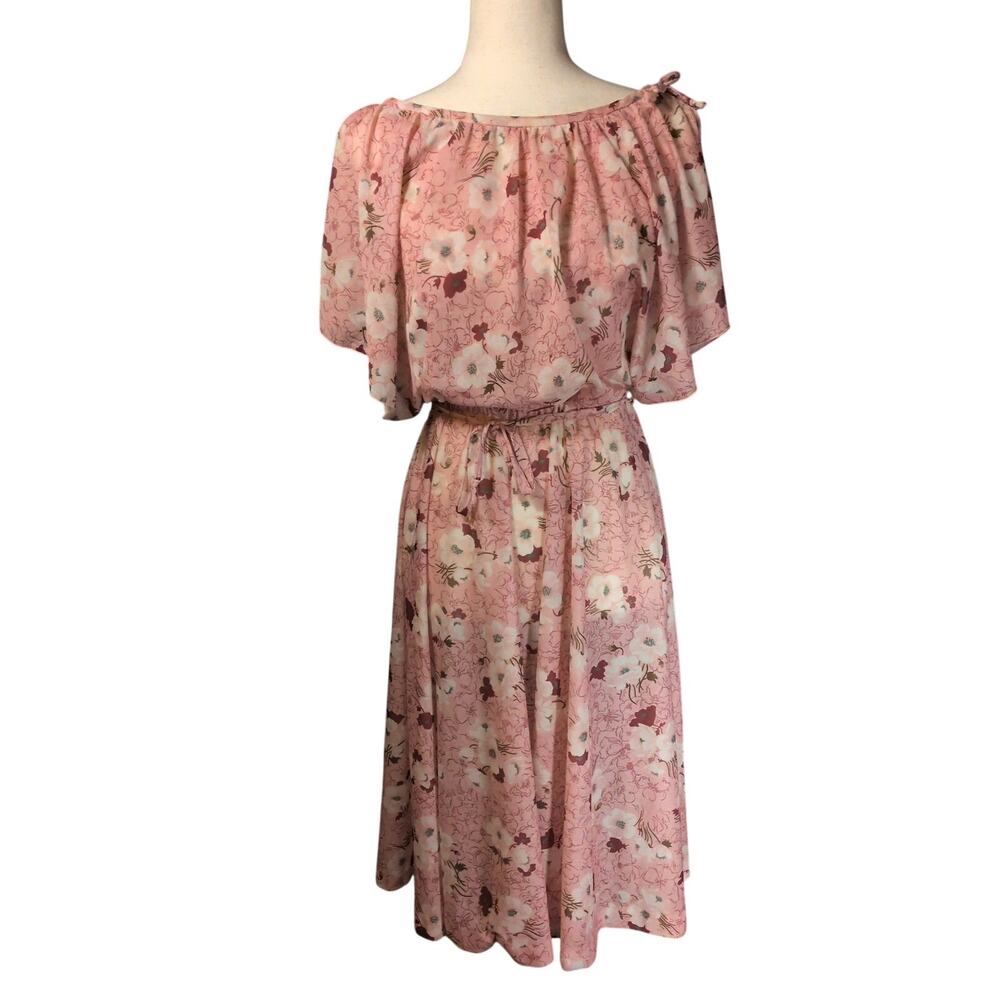 VTG 70s Mr. Mench Pink Floral Waist Tie Blouson Short Flutter Sleeve Dress 6
